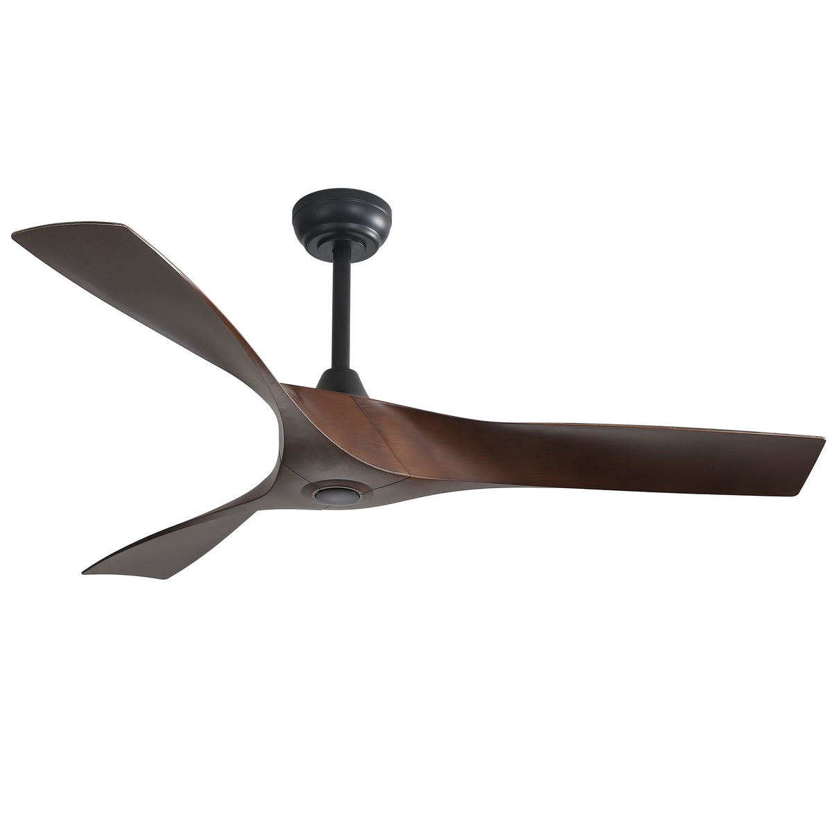 Black ceiling fan with three dark blades and flush ceiling mount