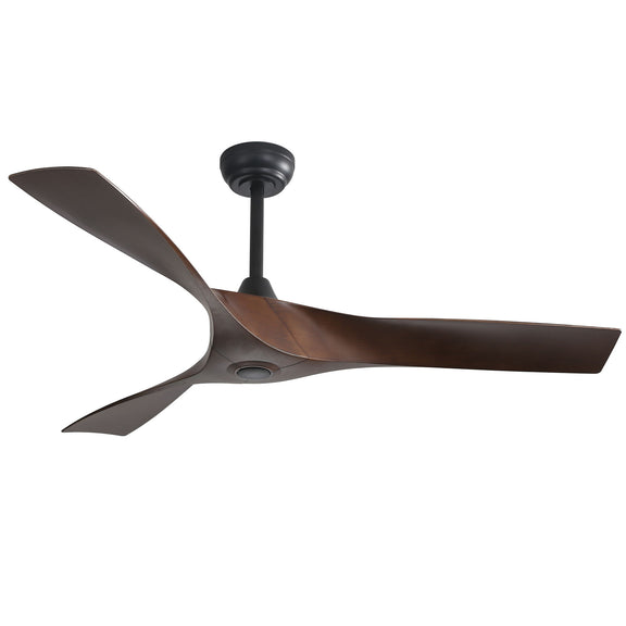 Black ceiling fan with three dark blades and flush ceiling mount