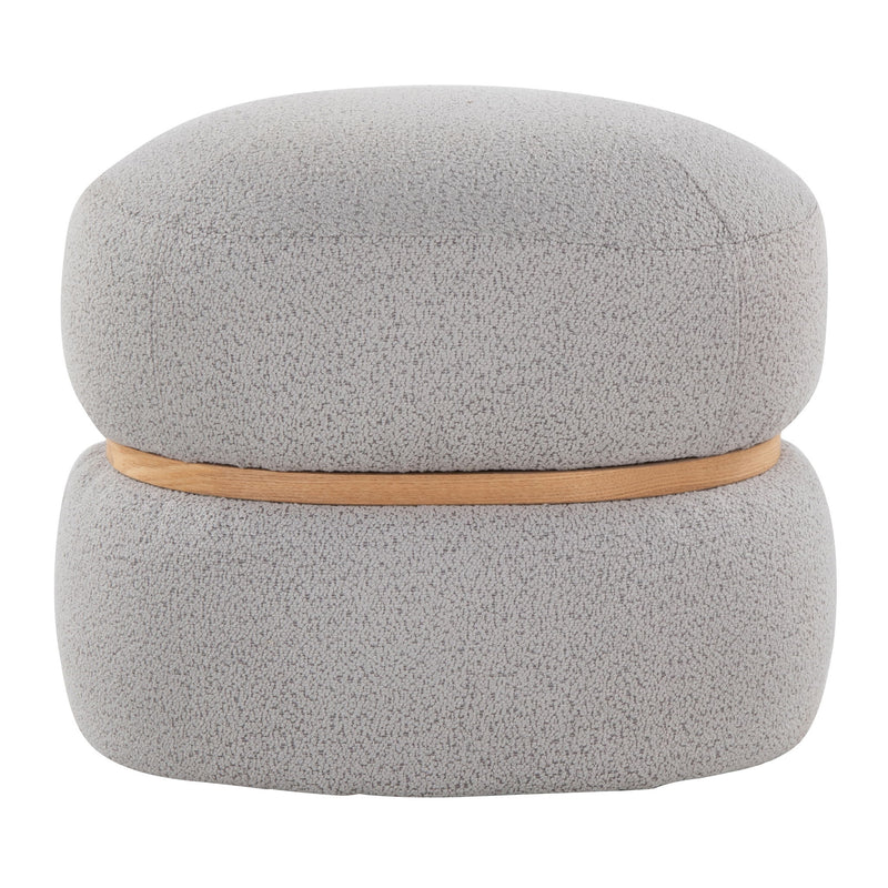 Gray round fabric pouf ottoman with wood-trimmed center seam