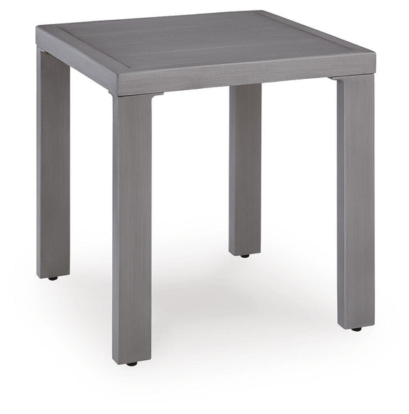 Gray square end table with slightly beveled top and four straight legs