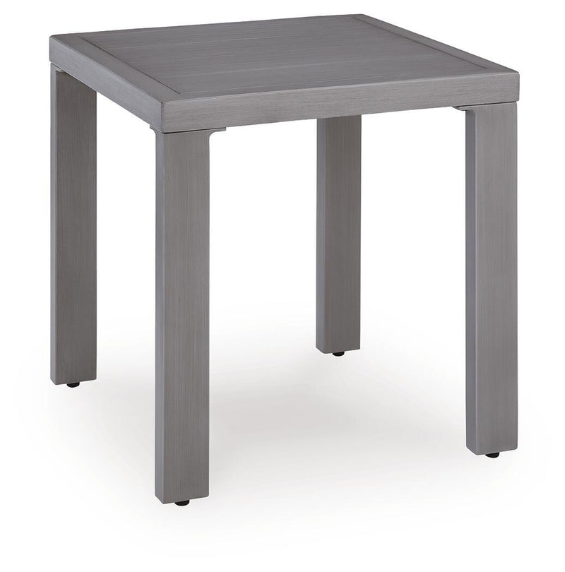 Gray square end table with slightly beveled top and four straight legs