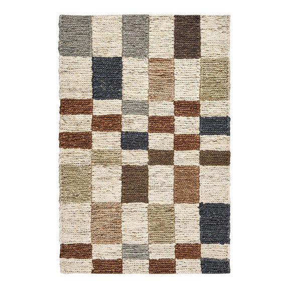 Natural check area rug with woven squares in cream, tan, brown, and blue-gray tones