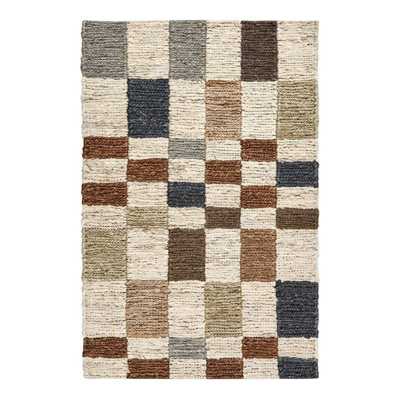 Natural check area rug with woven squares in cream, tan, brown, and blue-gray tones
