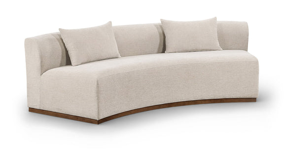 104-inch chenille upholstered sofa with light beige fabric and two back cushions, dark base.