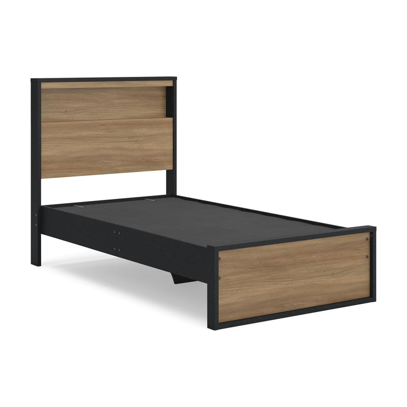Dark brown bookcase bed frame with wood panels and dark upholstered mattress