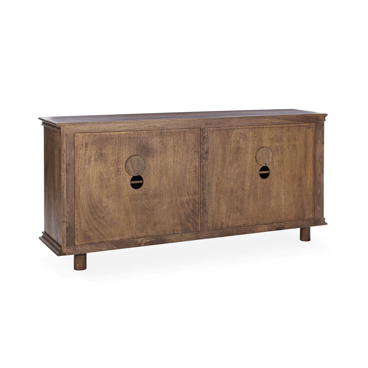 4-door wooden buffet with herringbone panels, round pulls, and raised legs