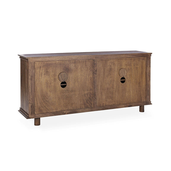 4-door wooden buffet with herringbone panels, round pulls, and raised legs