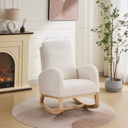 27.2'W Rocking Chair for Nursery, Sherpa Glider Chair with High Back and Side Pocket, Rocking Accent Armchair with Rubber Wood Legs for Living Room/Bedroom, Ivory