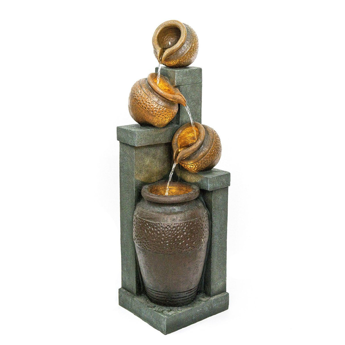 Four-tier outdoor fountain with textured brown vessels, green-gray stone-look frame, and flowing water.