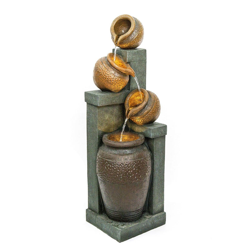 Four-tier outdoor fountain with textured brown vessels, green-gray stone-look frame, and flowing water.