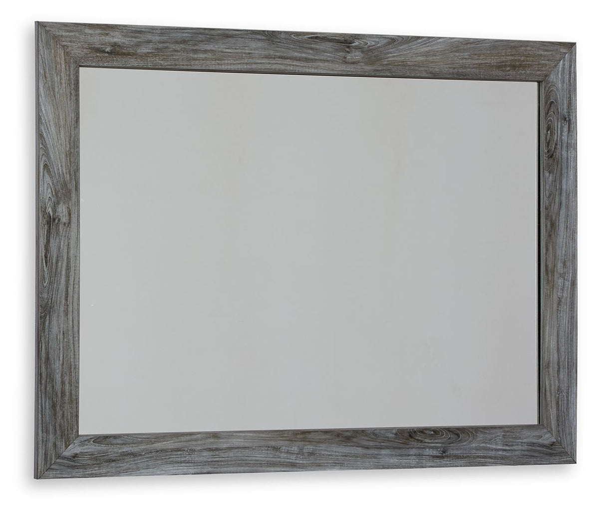 Gray bedroom mirror with distressed wood-look frame, rectangular glass