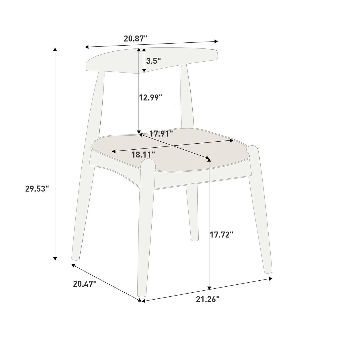 Measured view of one brown dining chair with gray upholstered seat