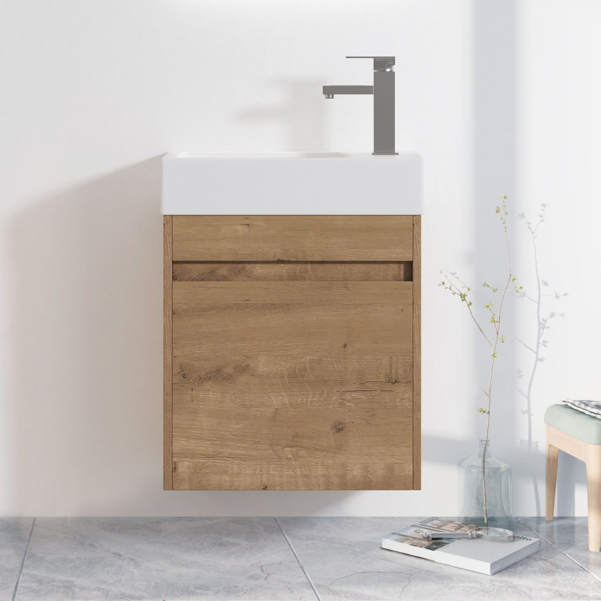 Floating bathroom vanity with white sink top and light brown cabinet door, single faucet