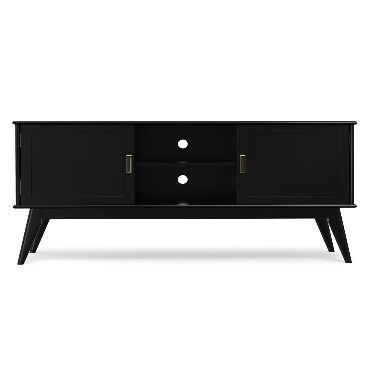 Mid-century low TV media stand in black wood with two doors, central shelf, and silver knobs.