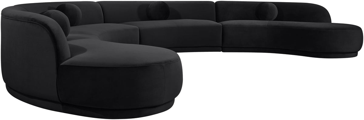 Black velvet sectional sofa with chaise, curved back and wide seat cushions