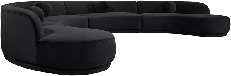Black velvet sectional sofa with chaise, curved back and wide seat cushions