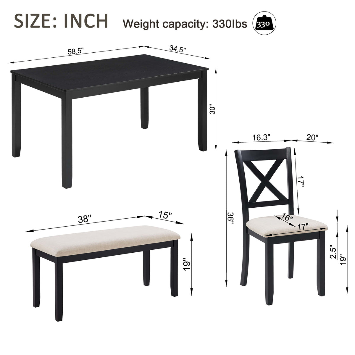 Rectangular dining table and chair size diagram, dark frame with light upholstered seats