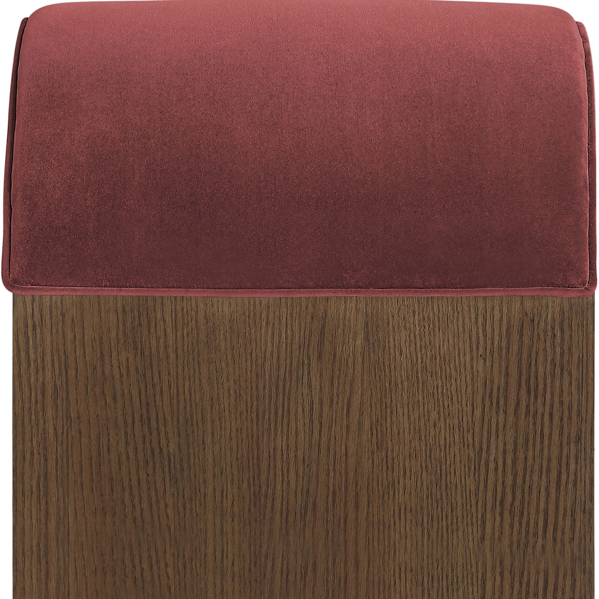 Sable velvet upholstered bench with deep red seat cushion and wood base.
