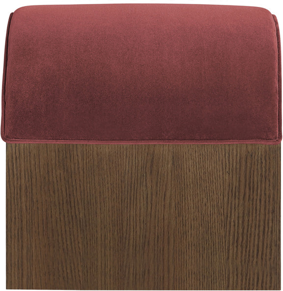 Sable velvet upholstered bench with deep red seat cushion and wood base.
