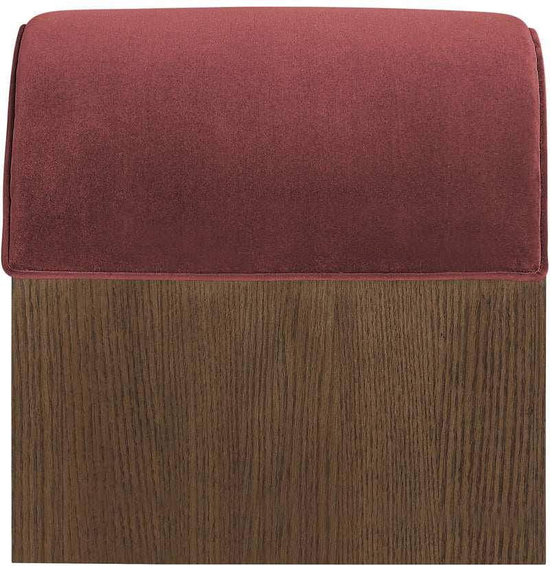 Sable velvet upholstered bench with deep red seat cushion and wood base.