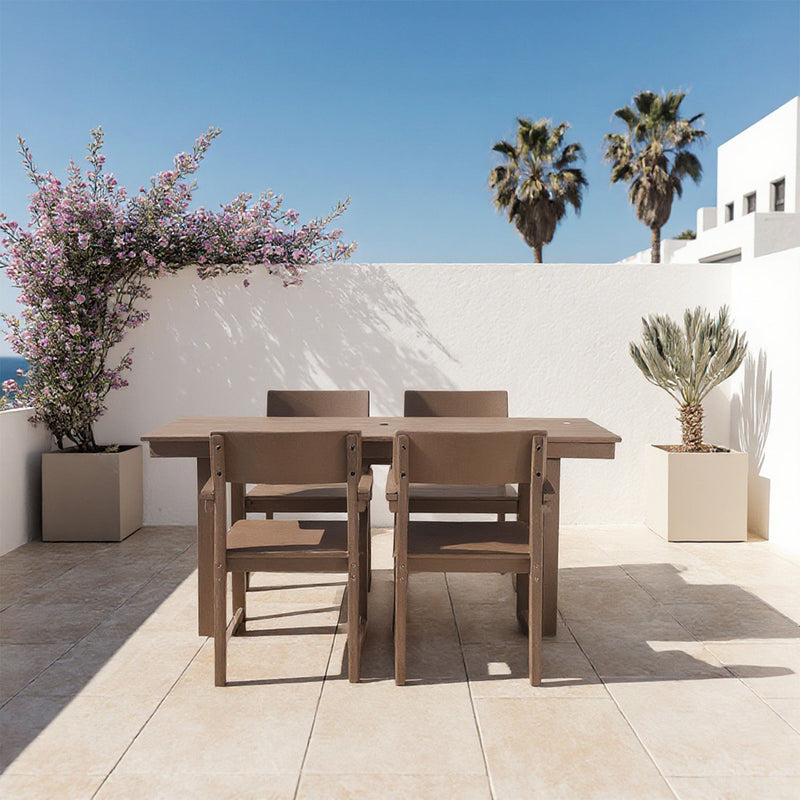 5 Piece Outdoor Dining Set For 4, Patio Table With Umbrella Hole And 4 Armrest Chairs For Backyard, Lawn, Deck, Or Poolside - Brown