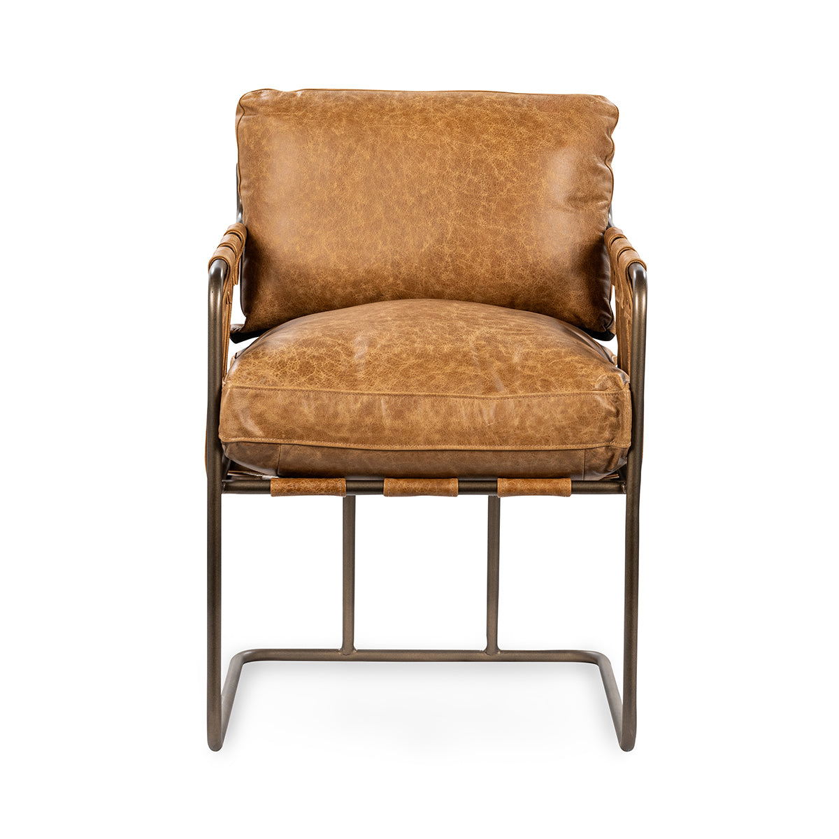 Brown leather dining chair with cushioned seat, curved back, metal arm frame