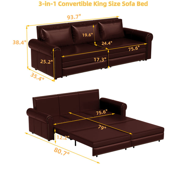 Dark brown convertible sofa bed with pull-out base, shown with dimension lines