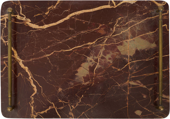 Dark red marble serving tray with brass corner handles and dramatic veining.