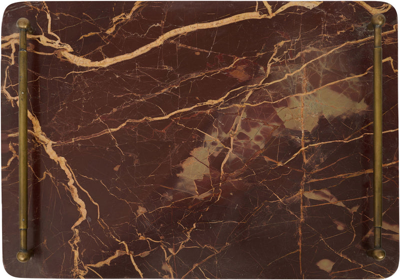 Dark red marble serving tray with brass corner handles and dramatic veining.