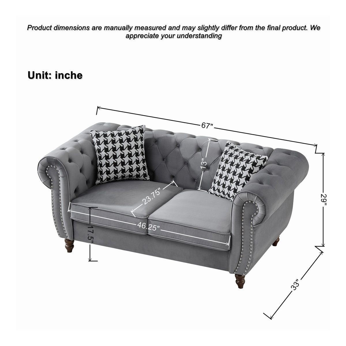 Chesterfield Velvet Upholstery Fabric Loveseat With Roll Armrest And Nailhead