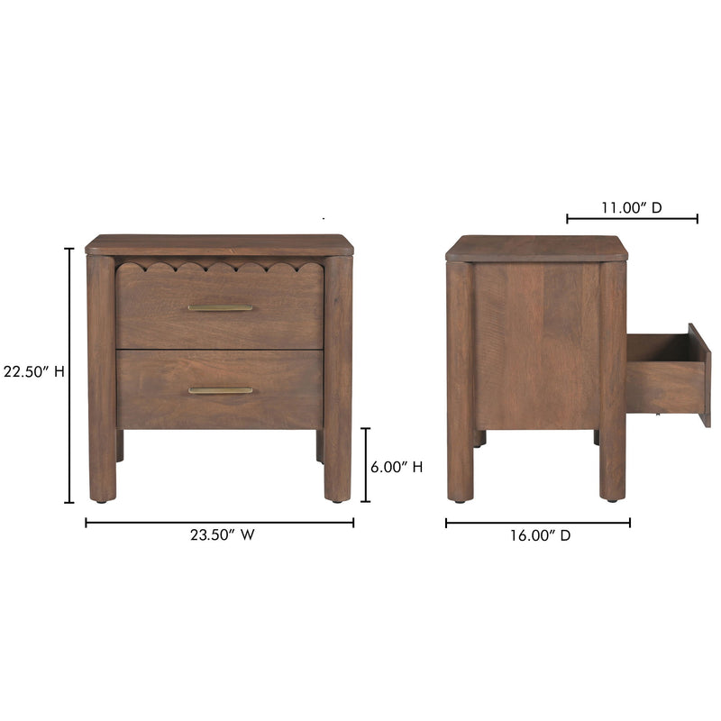 Vintage brown nightstand side view with two drawers; height and width measurements shown