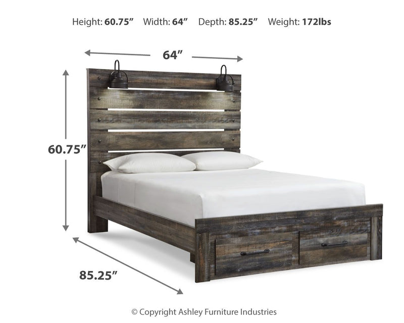 Panel bed with dark wood panel headboard, drawer fronts, and white mattress