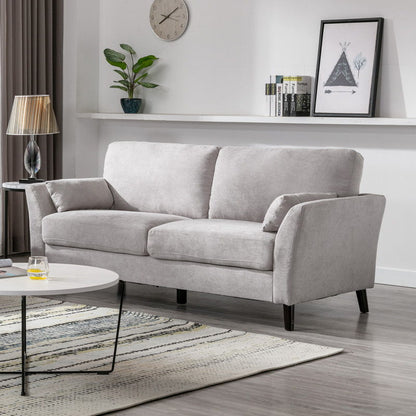 Woven fabric sofa in light gray with track arms, back cushions, and black legs.