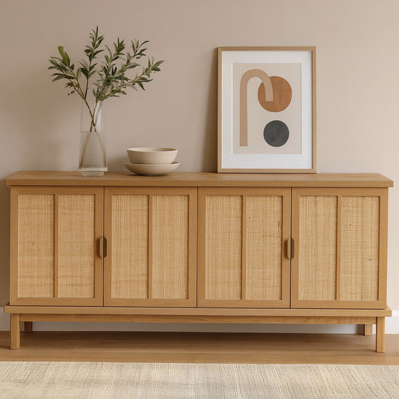 Natural sideboard with six rattan-paneled cabinet doors, dark handles, and flat top