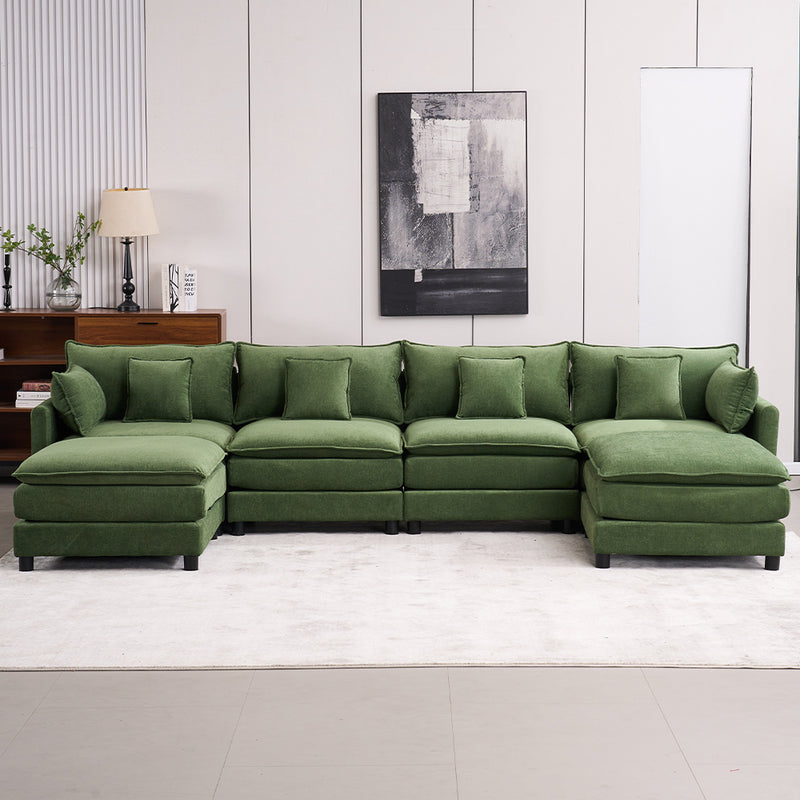 4-Piece Modern U-Shaped Chenille Sectional Sleeper Sofa - Green Chenille