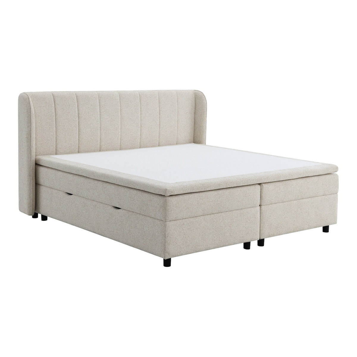 Beige upholstered storage bed with vertical channel headboard and mattress