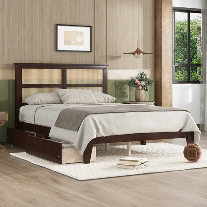 Espresso full-size bed with rattan headboard and two under-bed storage drawers