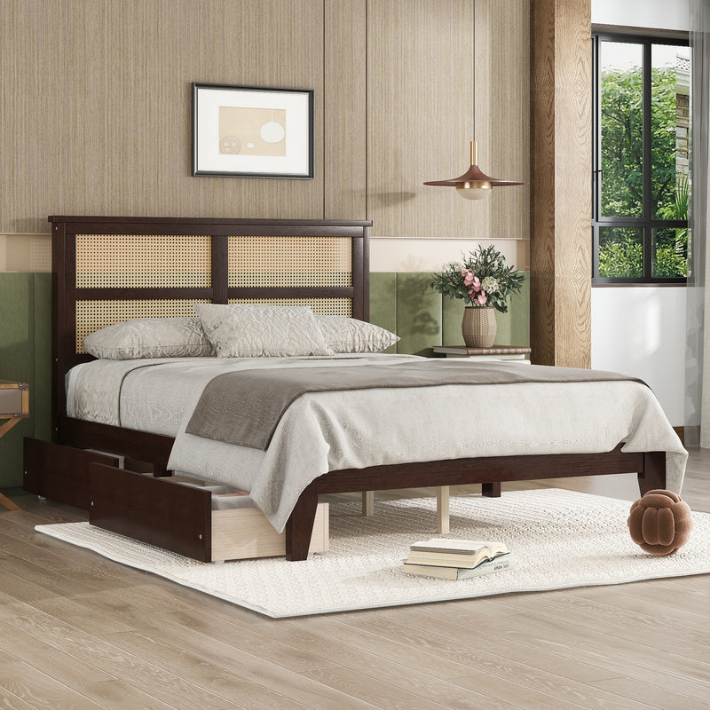 Espresso full-size bed with rattan headboard and two under-bed storage drawers