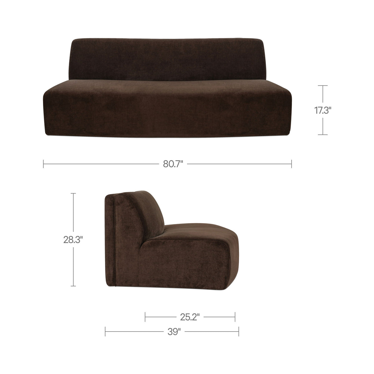 Dark brown convex sofa, 80.7 in wide with cushioned backrest and seat