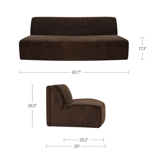 Dark brown convex sofa, 80.7 in wide with cushioned backrest and seat