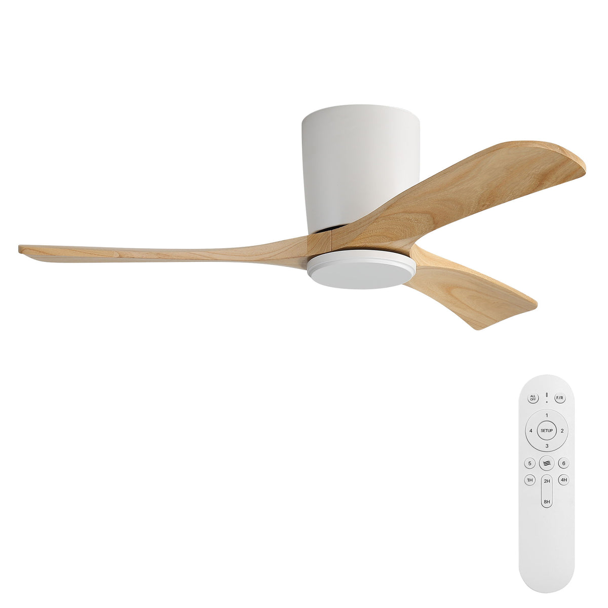 Ceiling fan with light wood 3 blades and white flush-mounted motor