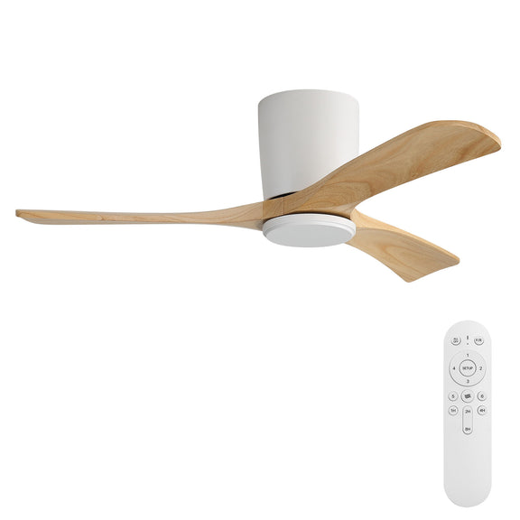 Ceiling fan with light wood 3 blades and white flush-mounted motor