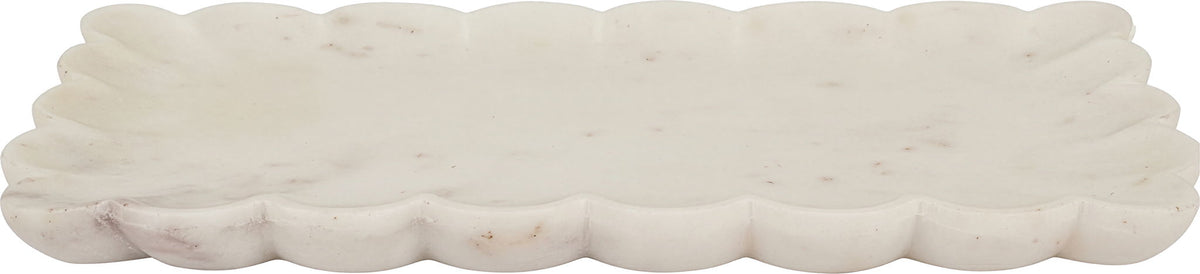 Genuine marble tray with scalloped edge, white stone with subtle marbling