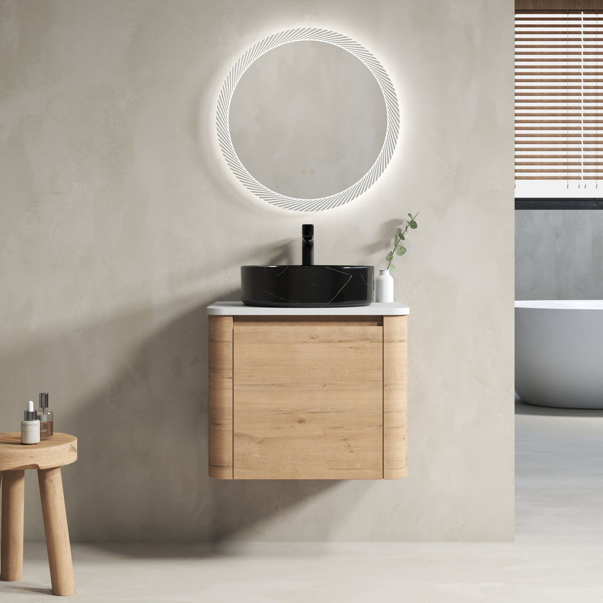 Wall-mounted bathroom vanity with light-wood cabinet and black art sink, wall mirror