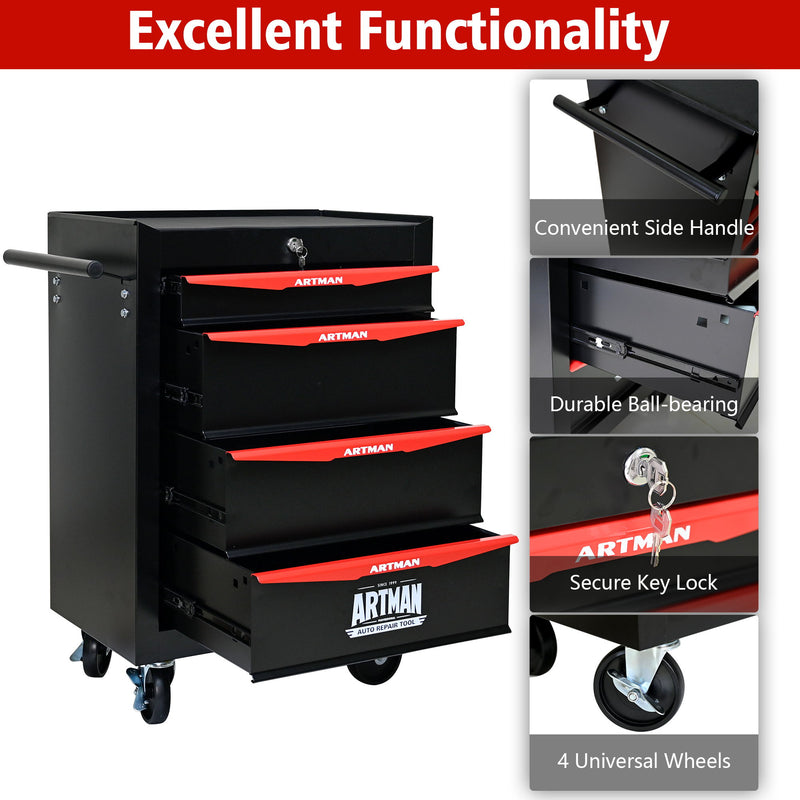 Rolling steel tool chest with drawers, red trim, side handle, secure key lock, 4 universal wheels