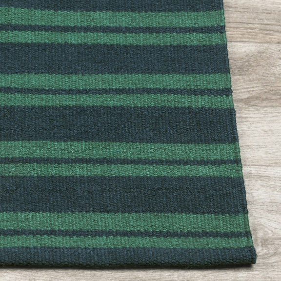 Striped rug corner with dark-blue and green horizontal bands