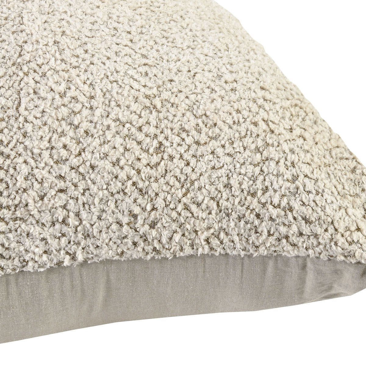 Close-up of beige textured floor cushion fabric with smooth gray side panel