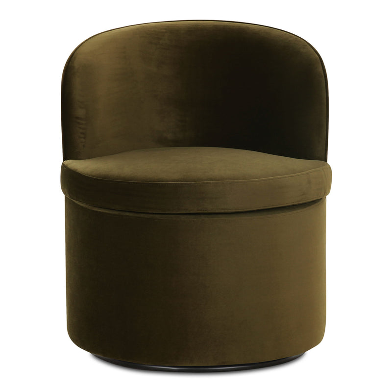Green upholstered swivel chair with rounded barrel back and cushioned seat