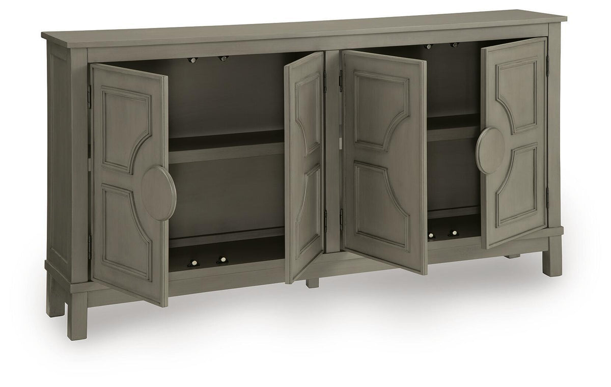 Warm gray accent cabinet with open doors showing interior shelves and round knobs