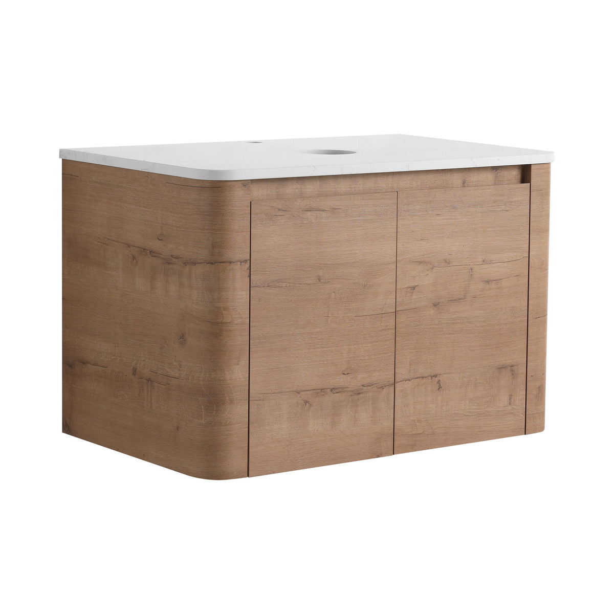 Dark wood vanity cabinet with white countertop and two panel doors, oval opening